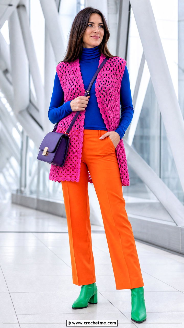 Crochet Vest With A Long Sleeve Turtleneck - 35 crochet vest outfit ideas