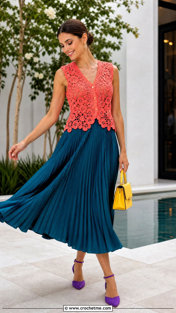 Crochet Vest With A Pleated Midi Skirt - 35 crochet vest outfit ideas