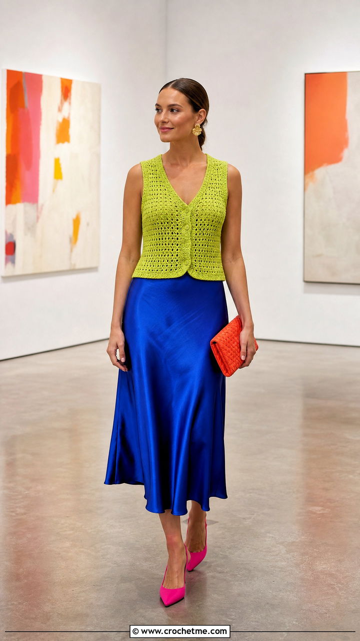 Crochet Vest With A Satin Midi Skirt - 35 crochet vest outfit ideas