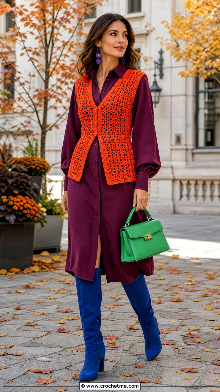 Crochet Vest With A Shirt Dress - 35 crochet vest outfit ideas