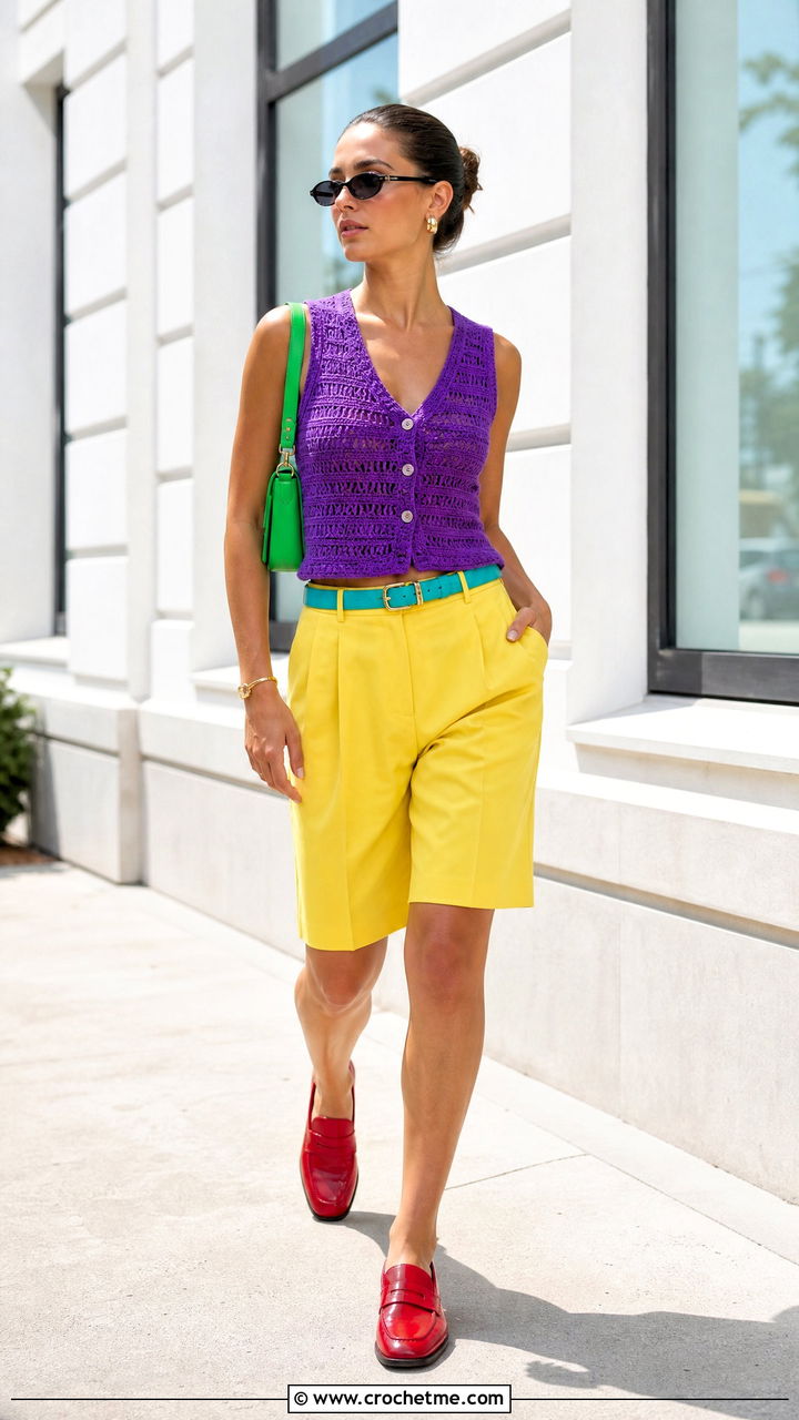 Crochet Vest With Bermuda Shorts - 35 crochet vest outfit ideas