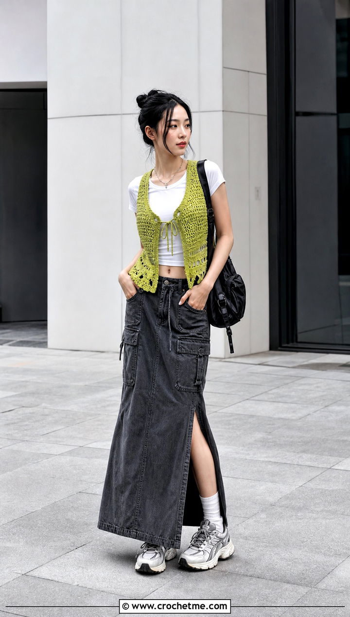 Crochet Vest With Cargo Maxi Skirt - 30 korean crochet outfits ideas