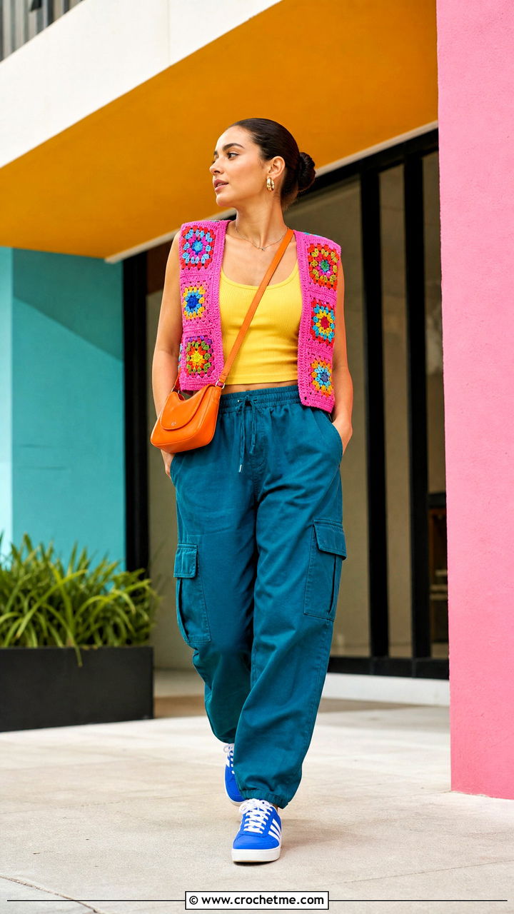 Crochet Vest With Cargo Pants - 35 crochet vest outfit ideas