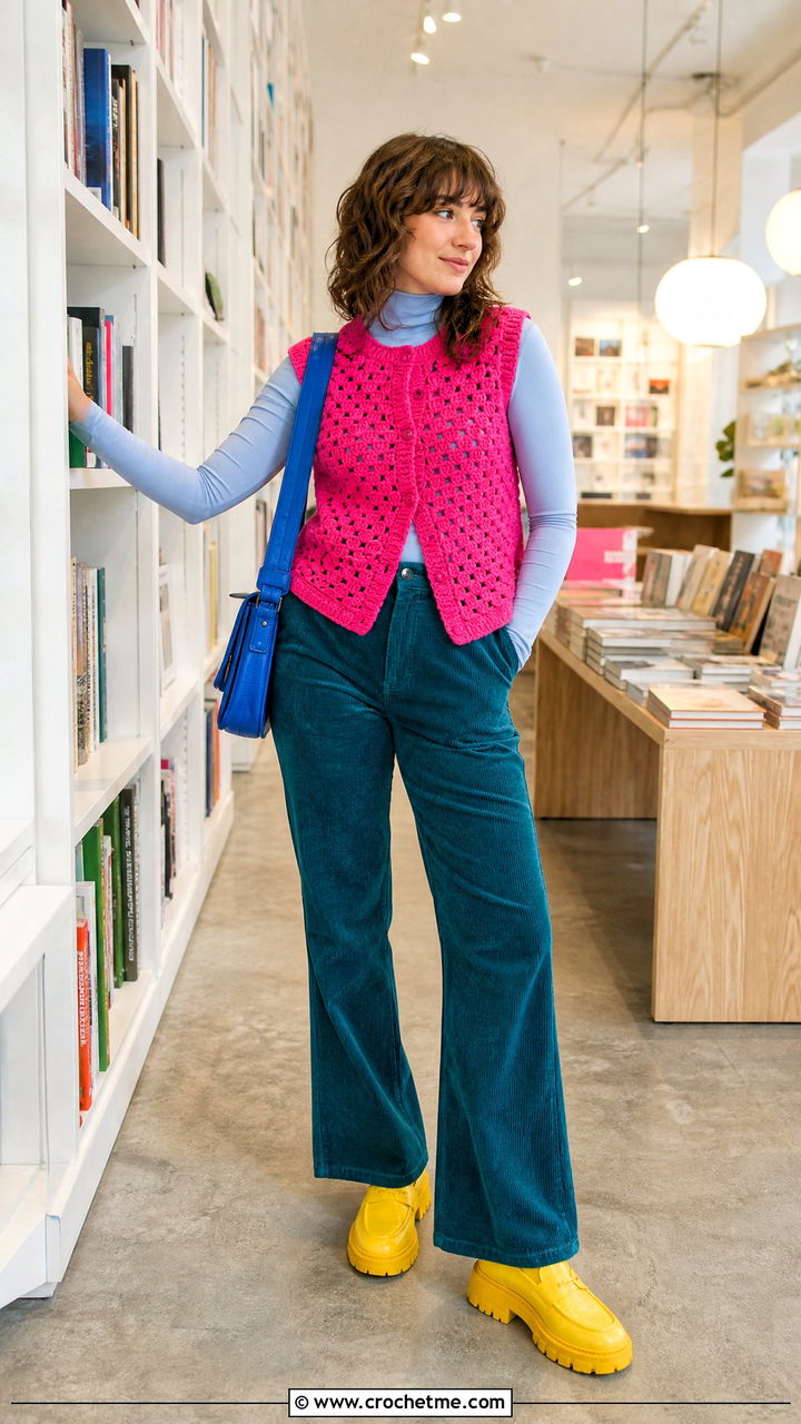 Crochet Vest With Corduroy Pants - 35 crochet vest outfit ideas