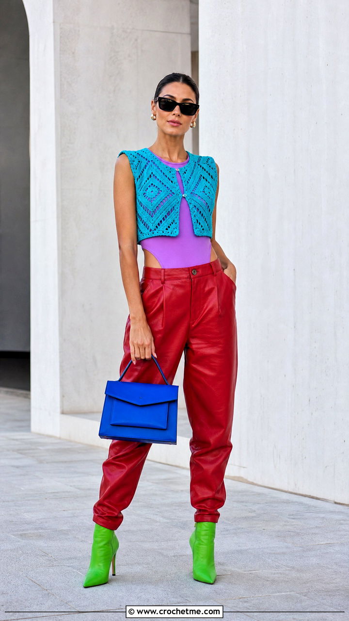 Crochet Vest With Leather Pants - 35 crochet vest outfit ideas