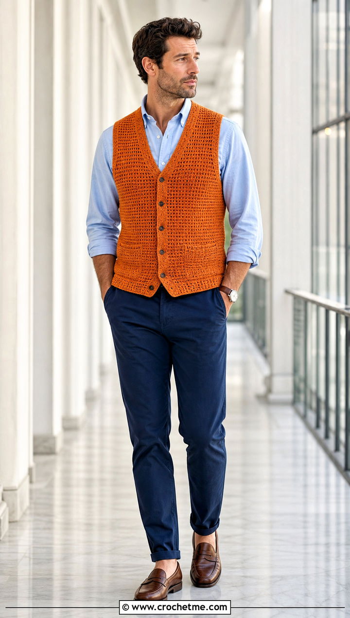 Crochet Vest With Oxford Shirt And Chinos - 25 crochet clothes men ideas