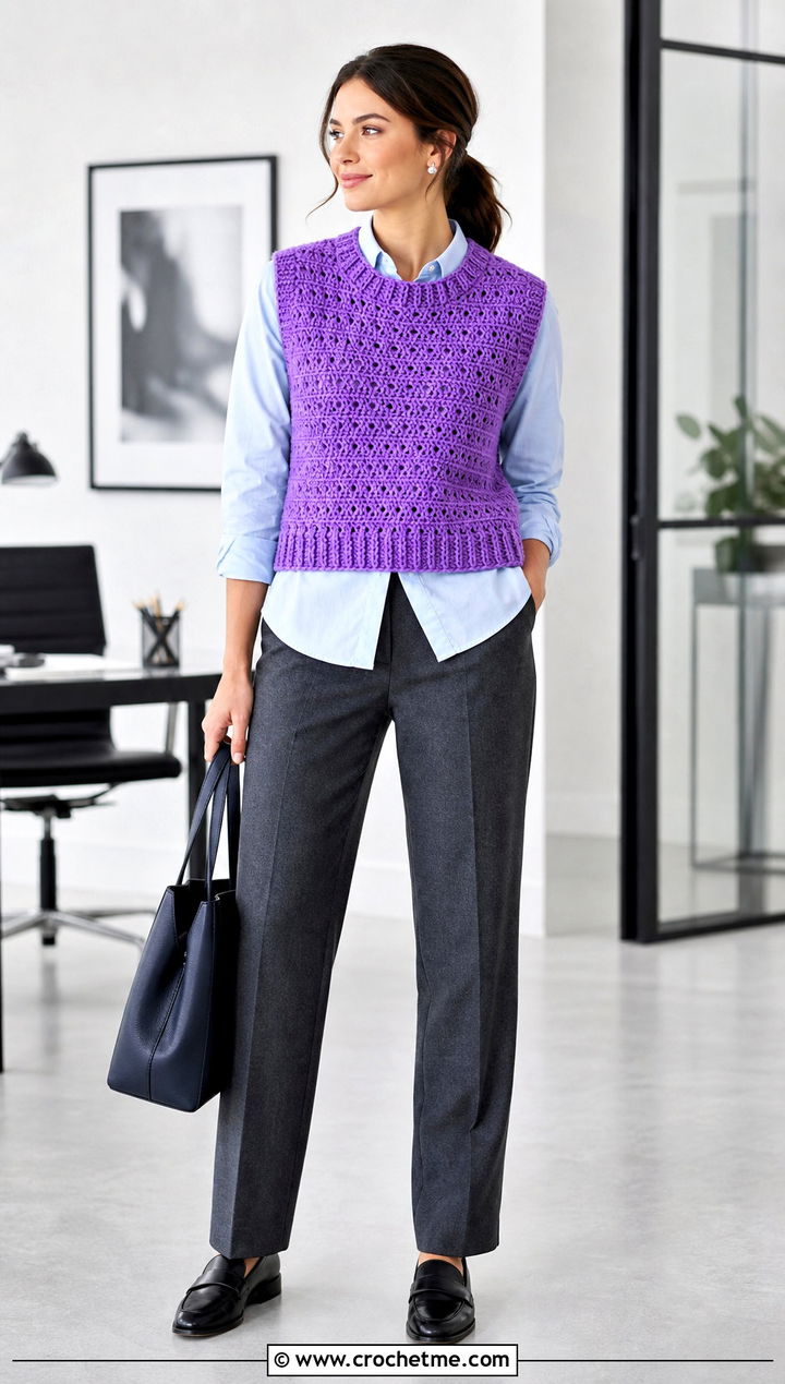 Crochet Vest With Oxford Shirt And Trousers - 30 outfits to crochet outfit ideas