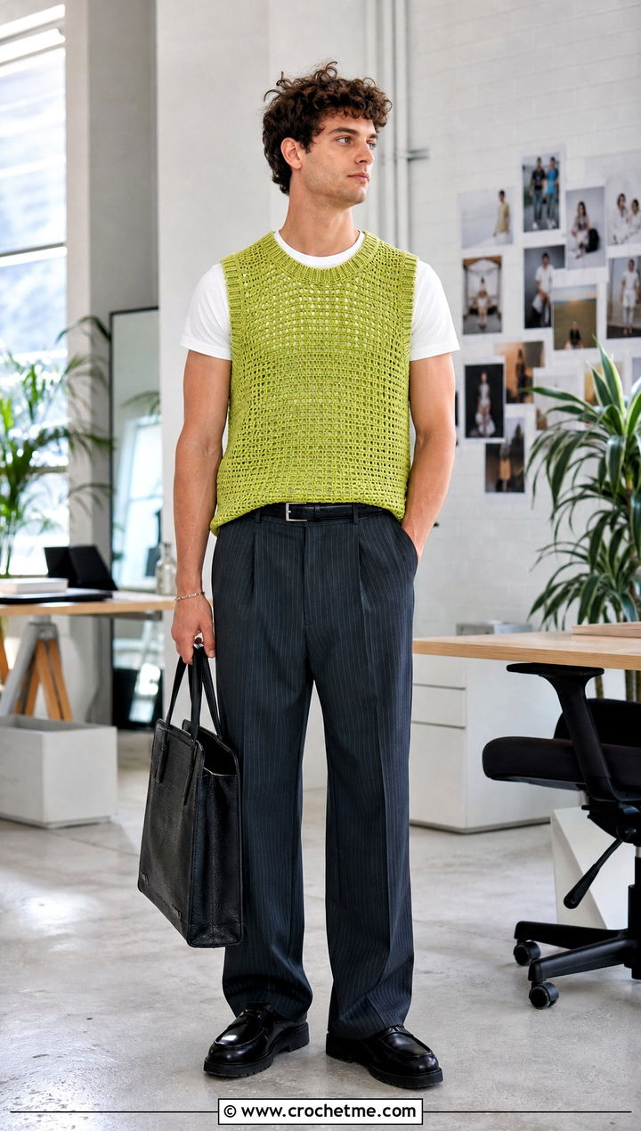 Crochet Vest With Pinstripe Trousers - 35 crochet mens clothes and outfit ideas