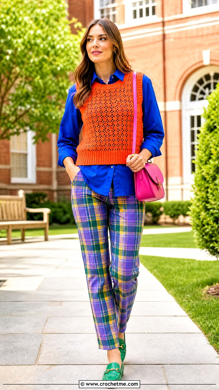 Crochet Vest With Plaid Trousers - 35 crochet vest outfit ideas