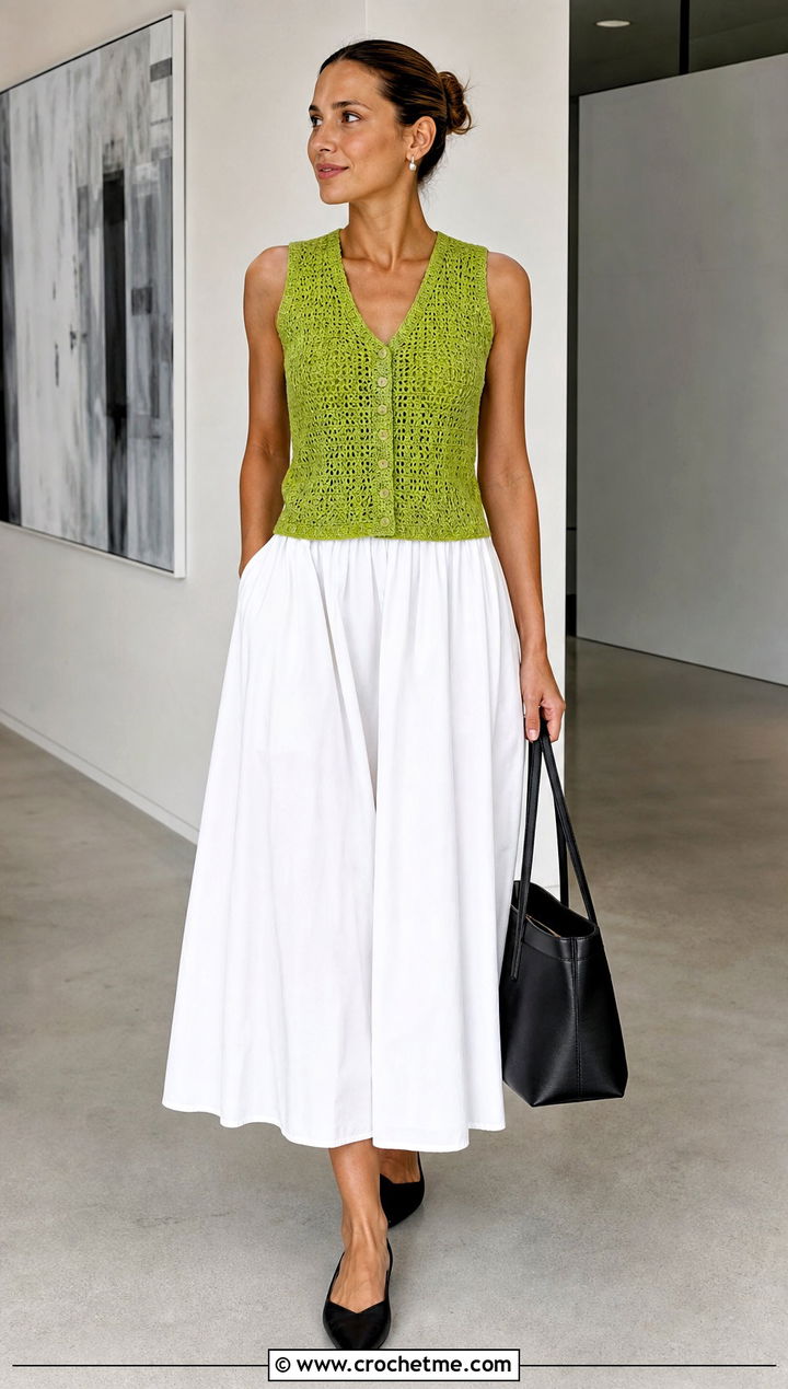 Crochet Vest With Poplin Midi Skirt - 15 summer crochet outfits ideas