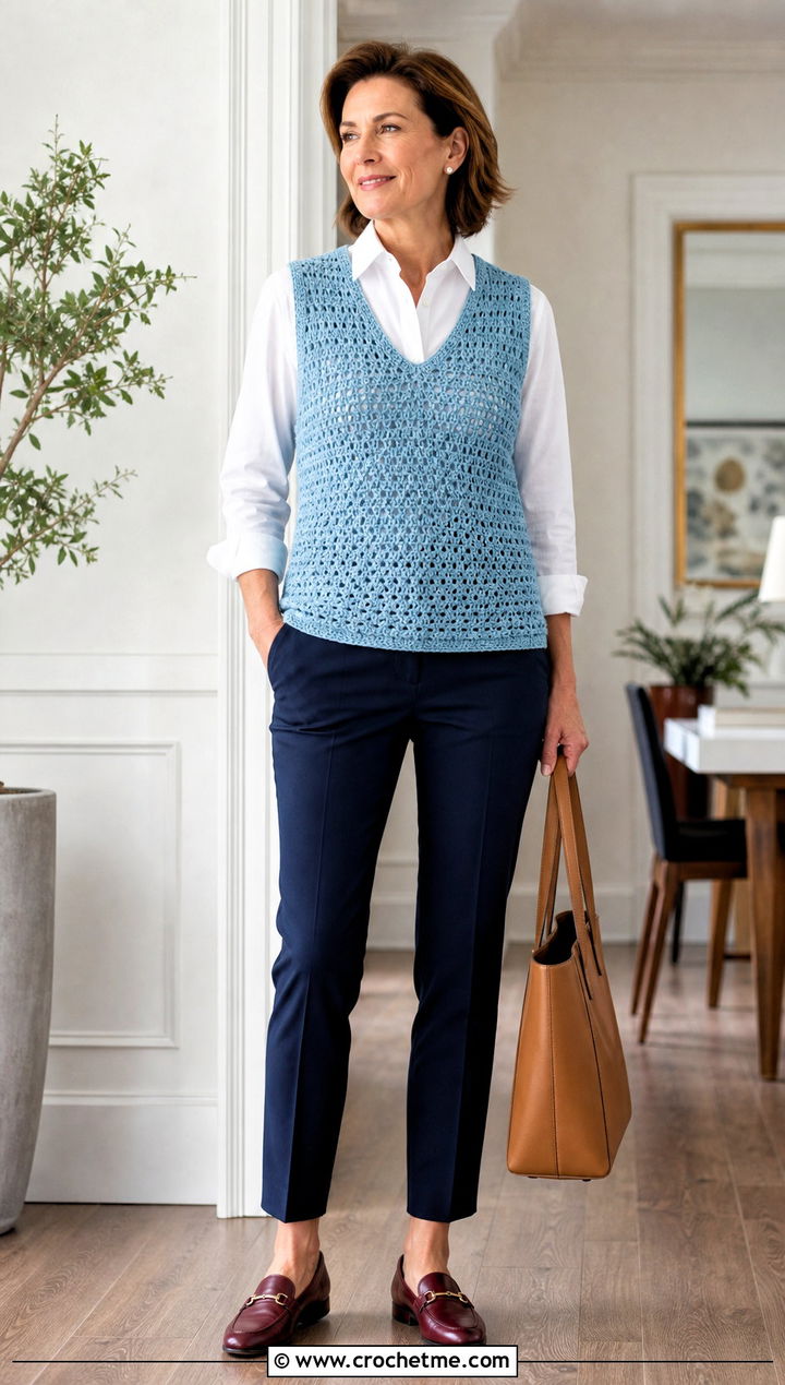 Crochet Vest With Poplin Shirt And Ankle Pants - 30 Spring Crochet Clothes Ideas