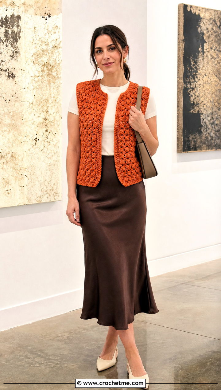 Crochet Vest With Satin Midi Skirt - 35 mini crochet clothes and outfit ideas