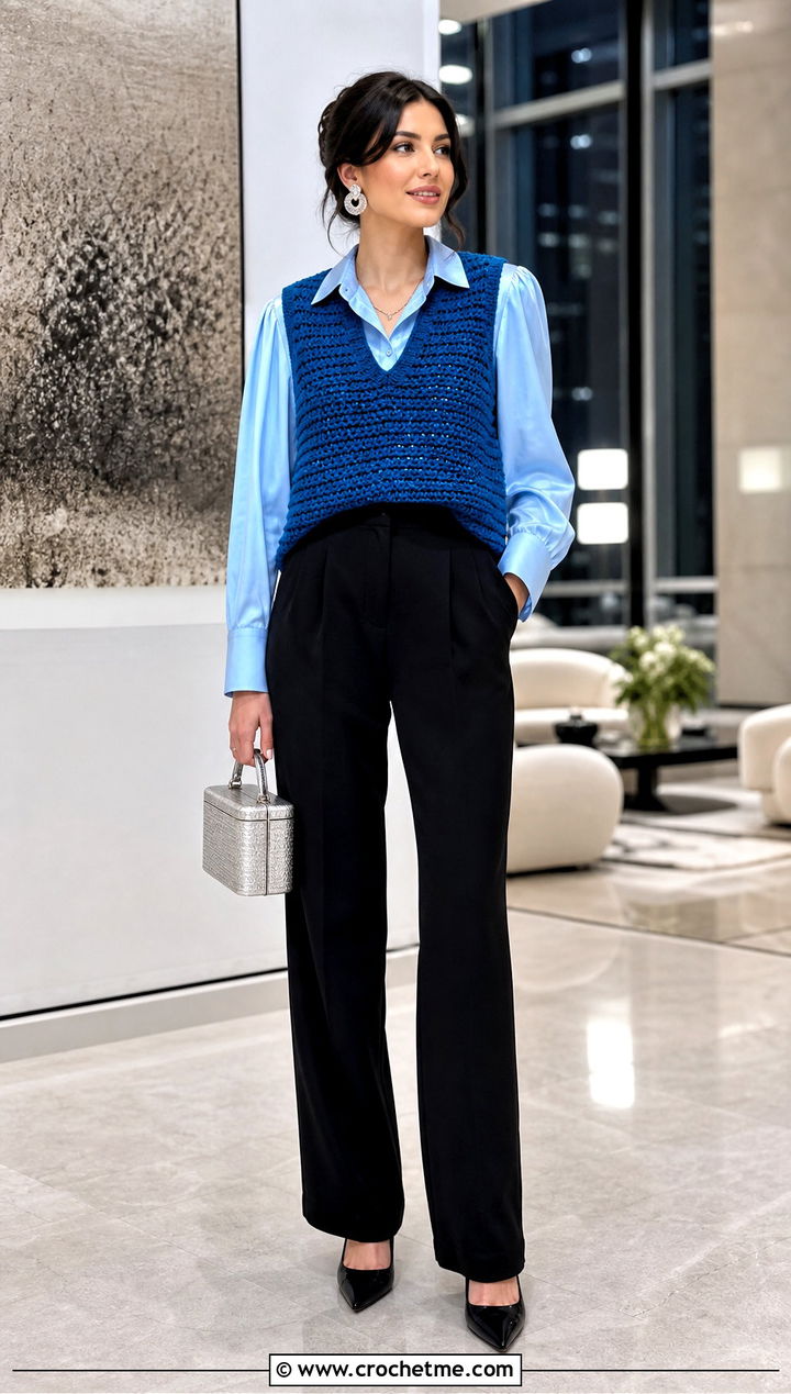 Crochet Vest With Satin Shirt And Tuxedo Pants - 15 Crochet Nye Outfit ideas