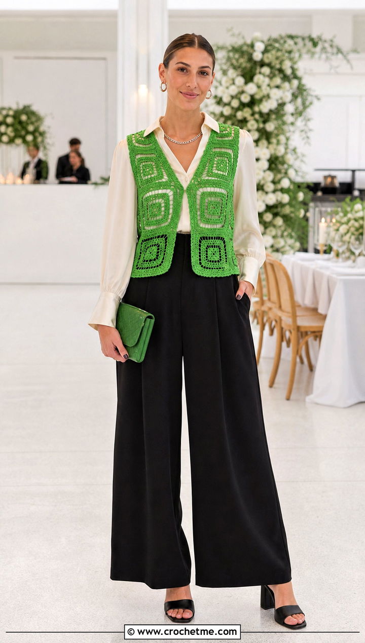 Crochet Vest With Silk Blouse And Palazzo Pants - 25 Crochet Wedding Outfit ideas