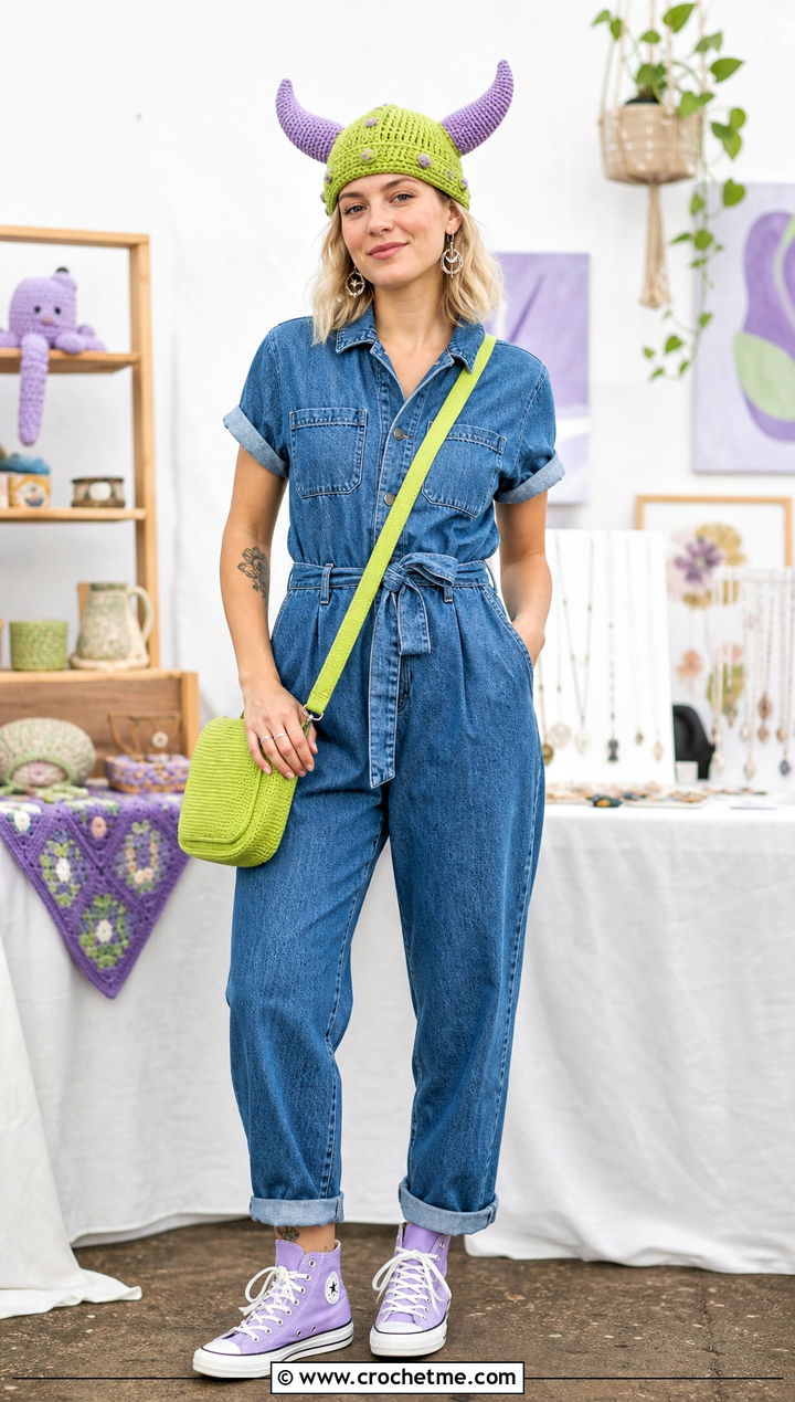 Crochet Viking Hat With Denim Jumpsuit - 35 crochet viking hat outfit ideas