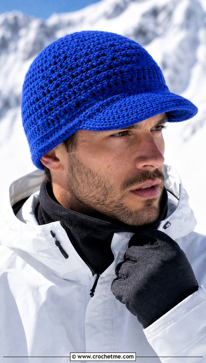 Crochet Visor Beanie With Snow Jacket - 25 Crochet Mens Winter Hat outfit ideas