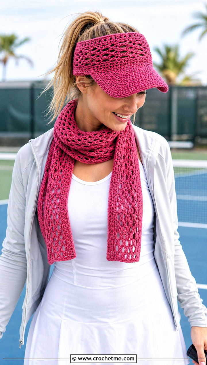 Crochet Visor Cap And Lightweight Scarf With Tennis Dress - 25 crochet scarf hat combo outfit ideas