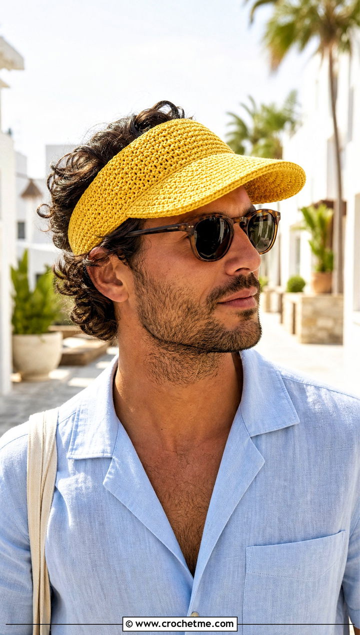 Crochet Visor Cap With Summer Resort Outfit - 15 Unique Crochet Men Hat outfit ideas