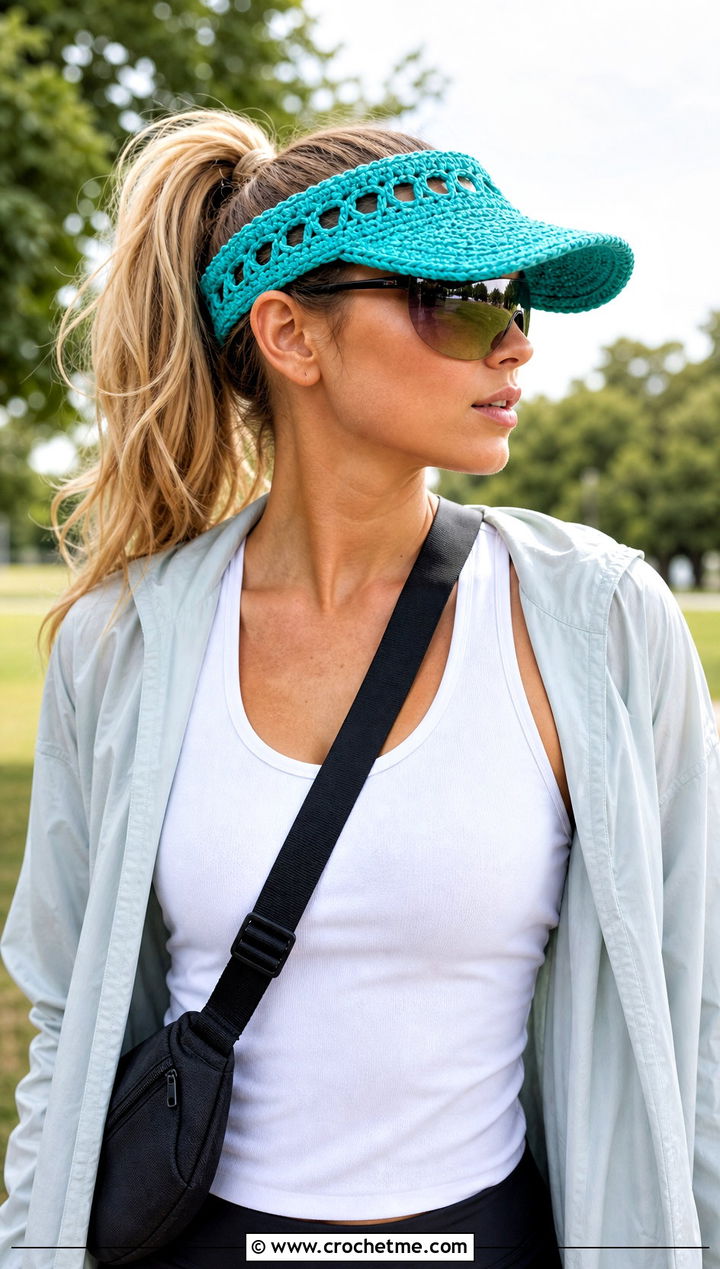 Crochet Visor Hat With Bike Shorts - 20 Fun Crochet Hat outfit ideas