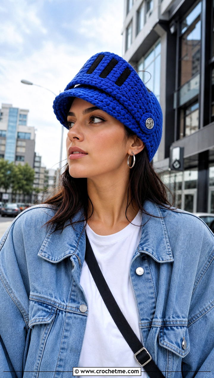 Crochet Visor Knight Helmet With Denim Jacket - 15 Knight Crochet Hat outfit ideas