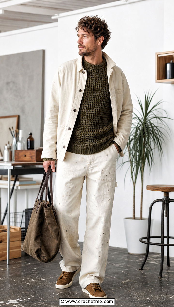 Crochet Waffle Stitch Sweater With Painter Pants - 30 Easy Crochet Mens Sweater outfit ideas