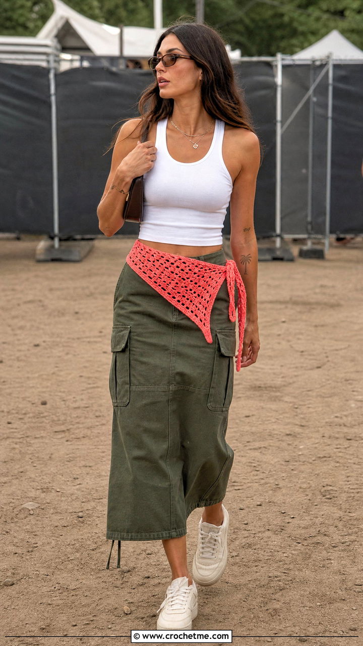 Crochet Waist Bandana With Cargo Skirt - 35 crochet accessories outfit ideas