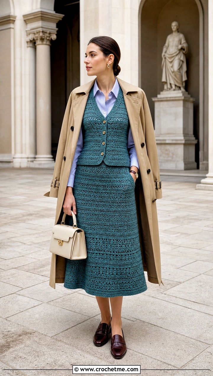 Crochet Waistcoat And A Line Skirt Set - 30 crochet top and bottom set outfit ideas