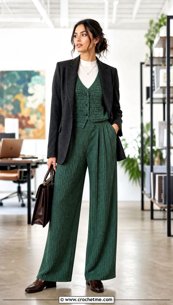 Crochet Waistcoat And Pleated Wide Leg Pants Set - 30 crochet pants set outfit ideas