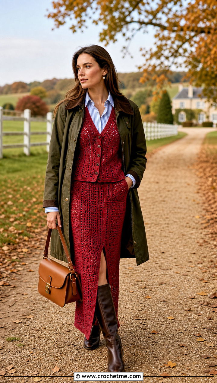 Crochet Waistcoat And Split Maxi Skirt Set With Riding Boots - 15 Autumn Crochet Clothing Set outfit ideas