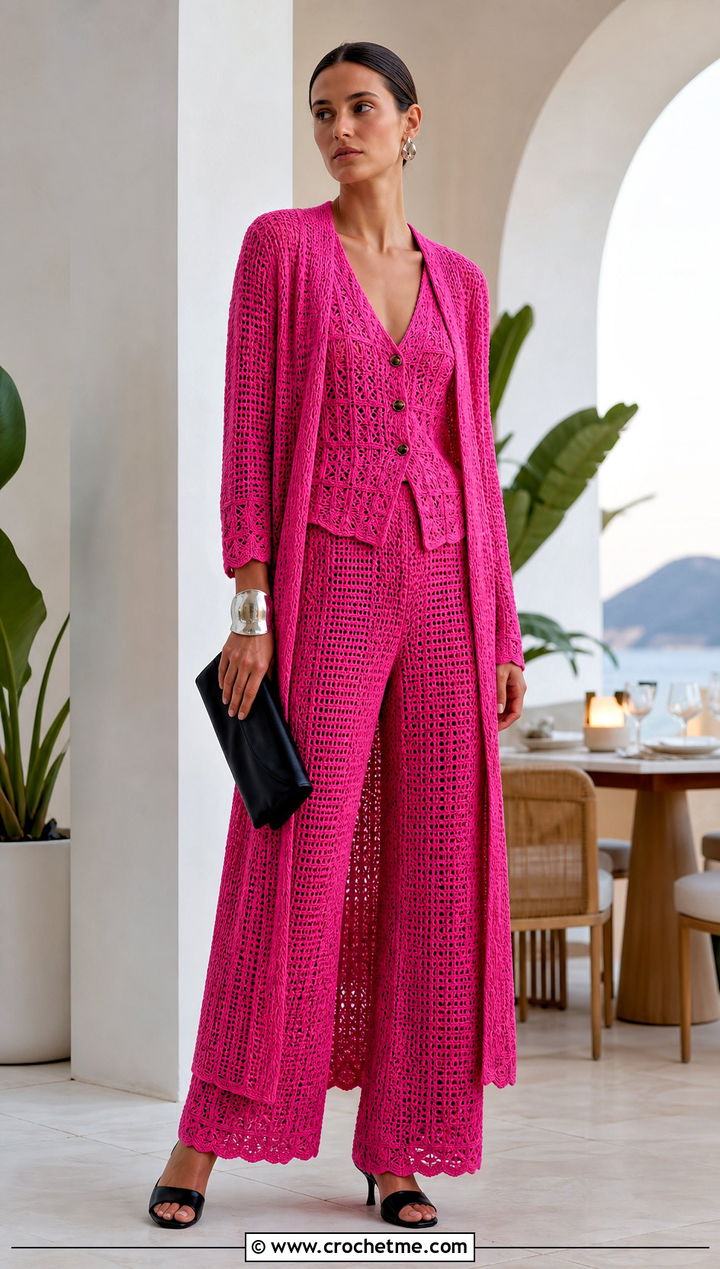 Crochet Waistcoat Wide Leg Pants And Long Cardigan Set - 25 crochet three piece outfit ideas