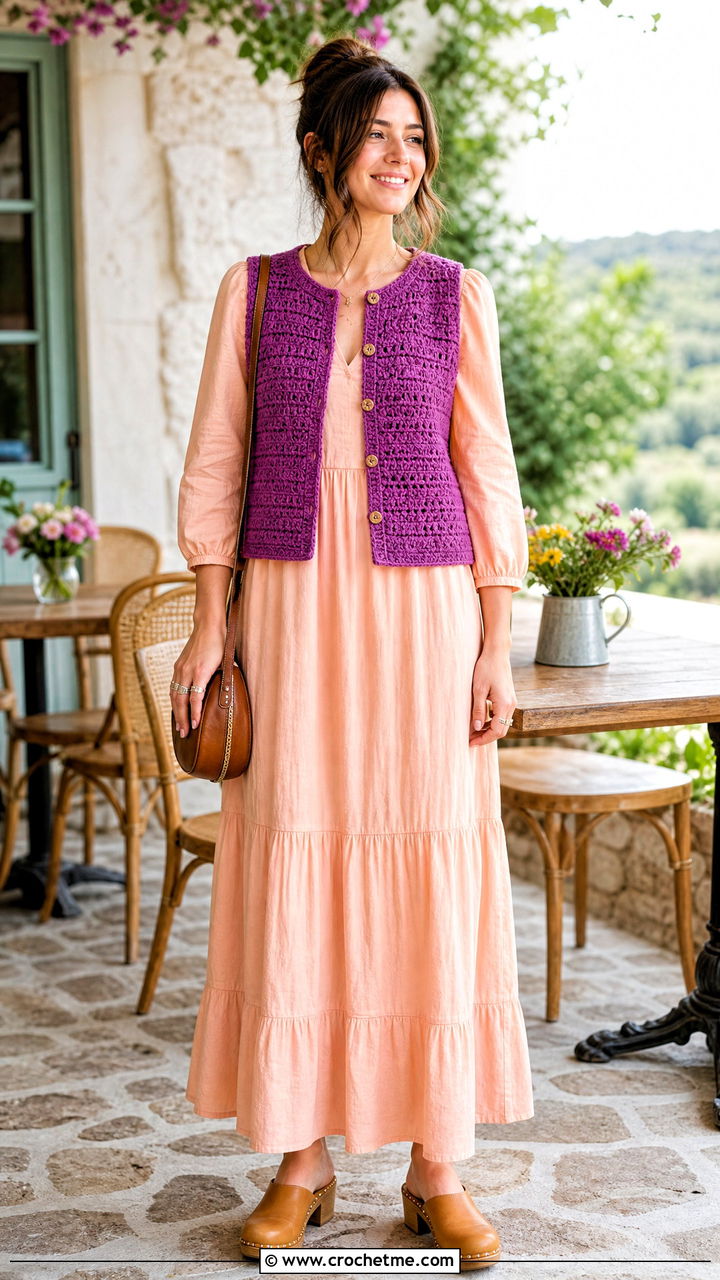 Crochet Waistcoat With Maxi Dress - 35 cute crochet outfits ideas
