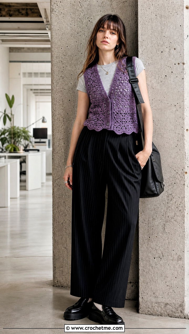 Crochet Waistcoat With Pinstripe Trousers - 35 Crochet Grunge Clothes and outfit ideas