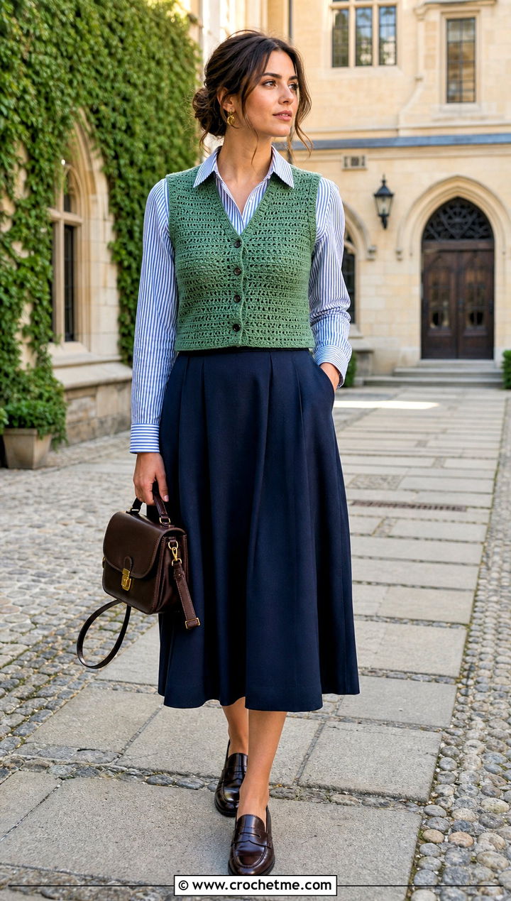Crochet Waistcoat With Striped Shirt And Midi Skirt - 35 old money crochet outfits ideas
