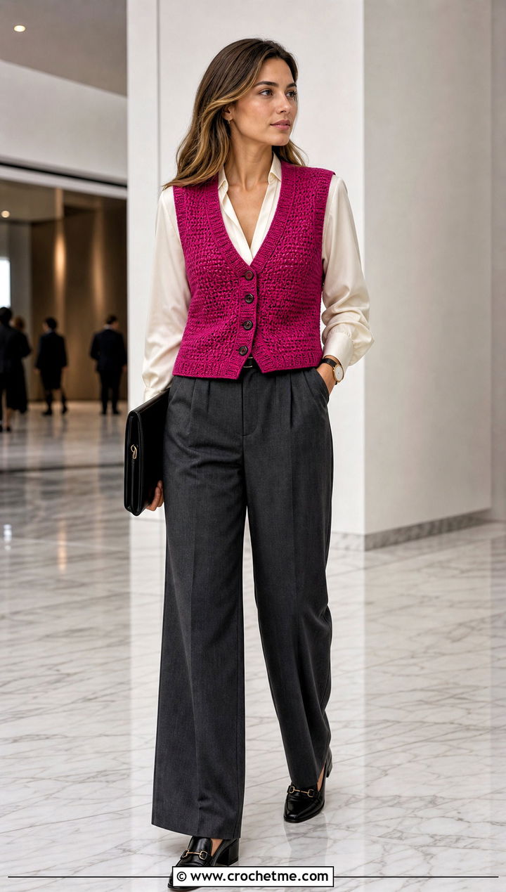 Crochet Waistcoat With Wide Leg Pants - 25 Crochet Professional Clothes and outfit ideas