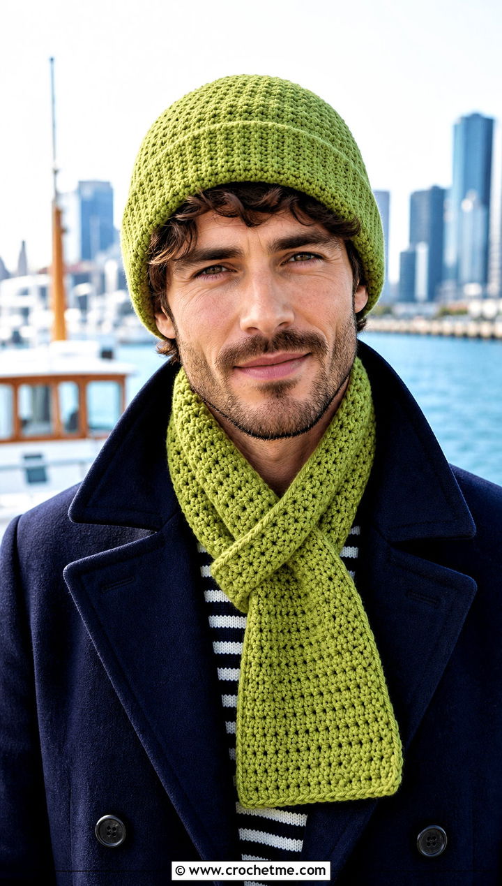Crochet Watch Cap And Keyhole Scarf With Peacoat - 20 Crochet Mens Hat And Scarf outfit ideas