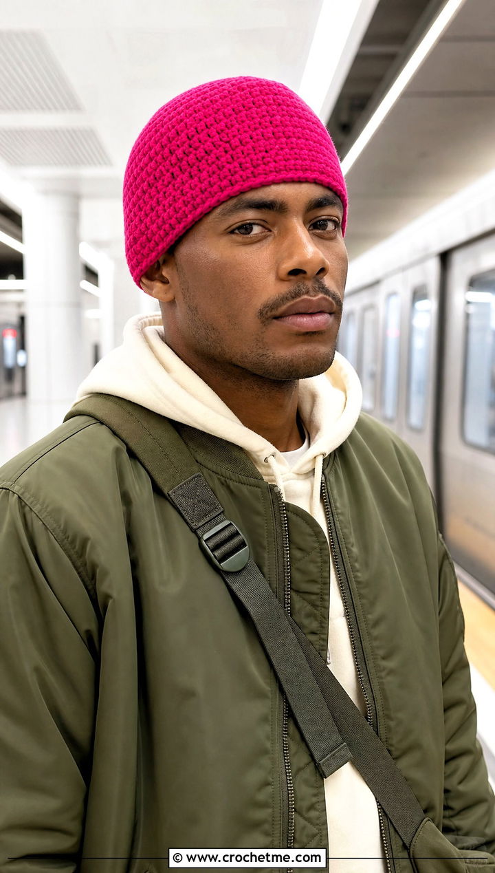 Crochet Watch Cap With Bomber Jacket And Cargo Pants - 30 men's crochet hats outfit ideas