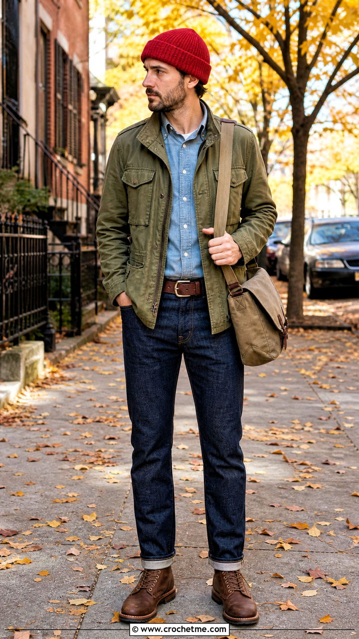 Crochet Watch Cap With Field Jacket And Raw Denim - 35 crochet hat men outfit ideas