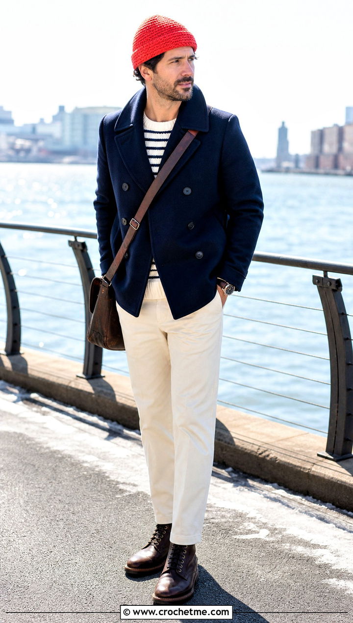 Crochet Watch Cap With Pea Coat - 35 mens crochet hat outfit ideas