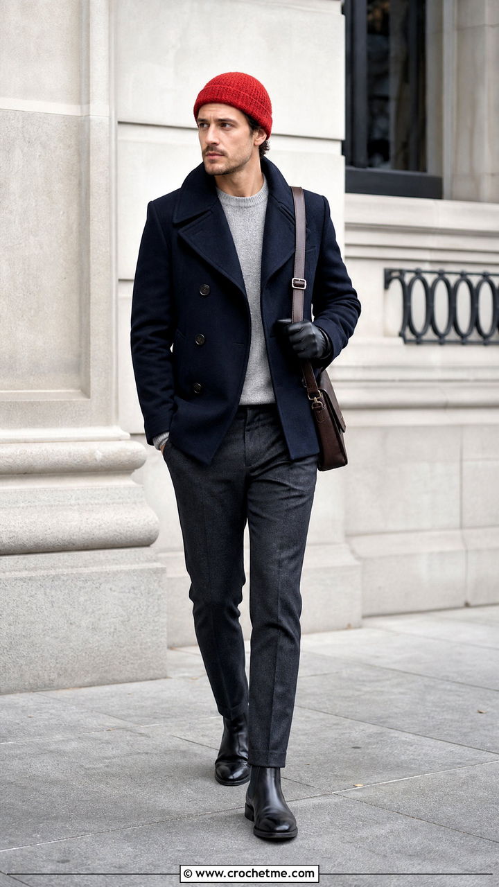 Crochet Watch Cap With Peacoat - 35 crochet hats for men outfit ideas