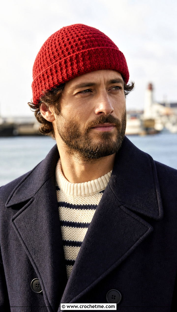 Crochet Watch Cap With Peacoat - 30 male crochet hat outfit ideas