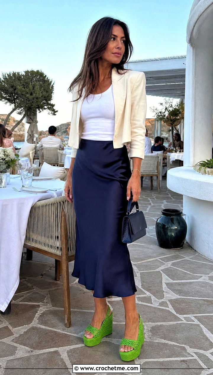 Crochet Wedge Sandals With Satin Midi Skirt - 25 Crochet Beach Sandals outfit ideas
