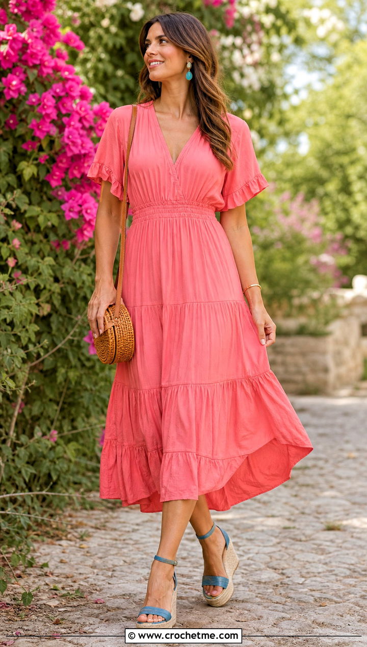 Crochet Wedge Sandals With Tiered Midi Dress - 15 Blue And Beige Crochet Shoes outfit ideas