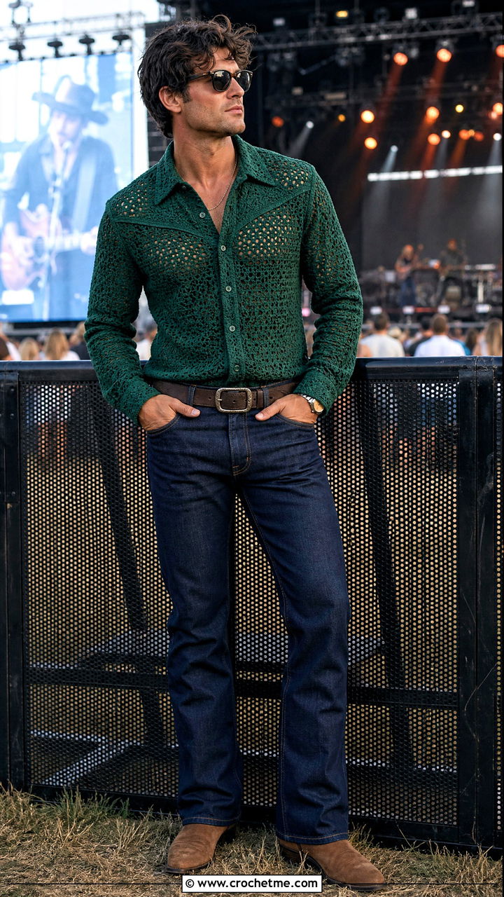 Crochet Western Shirt With Bootcut Jeans - 35 crochet shirts for men outfit ideas