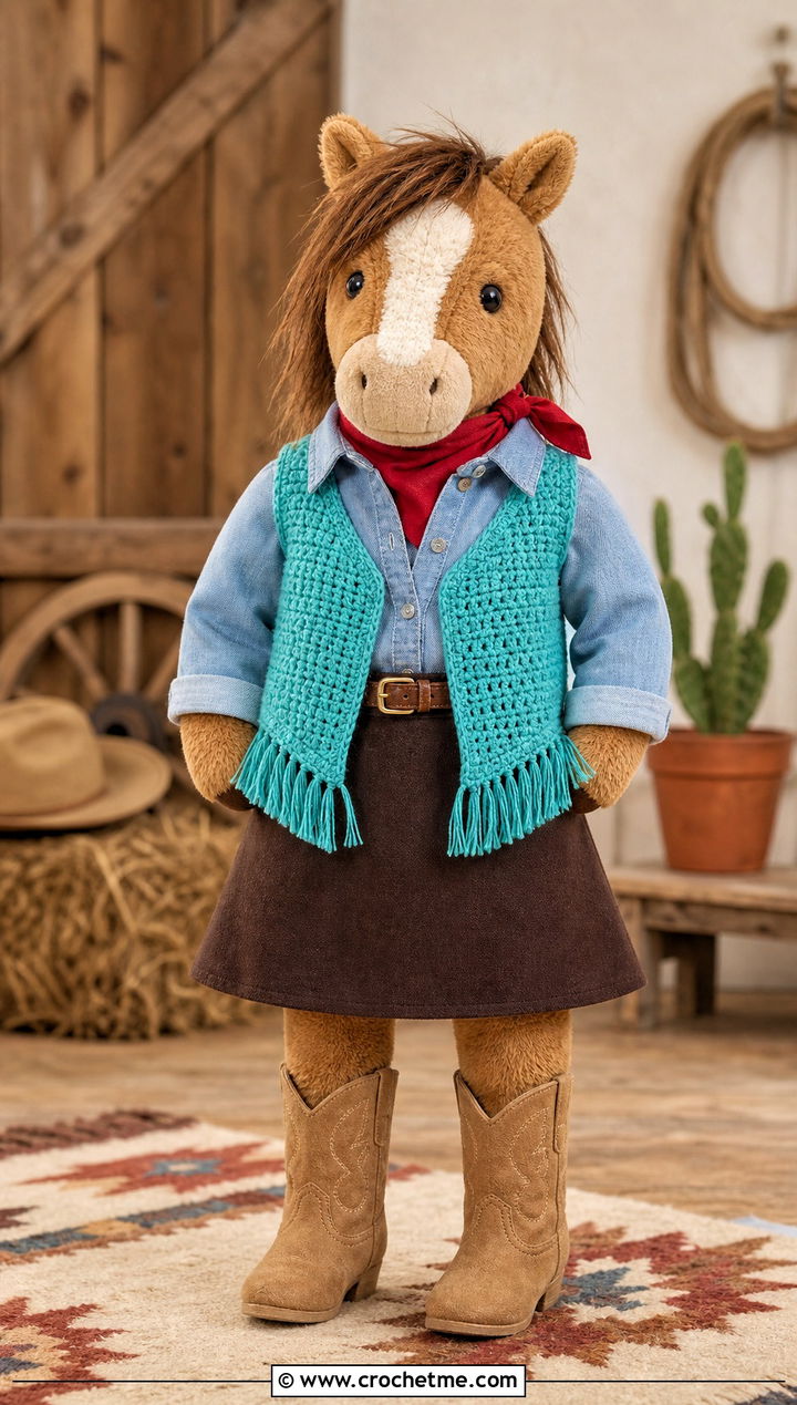 Crochet Western Vest With Denim Shirt And Skirt - 25 Crochet Stuffie Clothes and outfit ideas