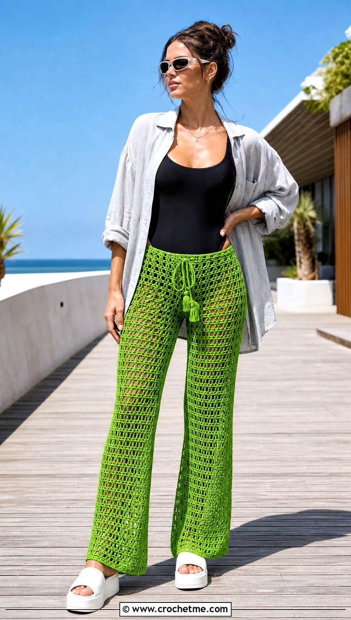Crochet Wide Leg Pants Cover Up With Swimsuit - 25 Cute Crochet Cover Up outfit ideas