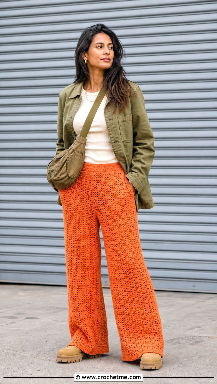 Crochet Wide Leg Pants With Chore Jacket - 30 Fall Crochet Clothes Ideas