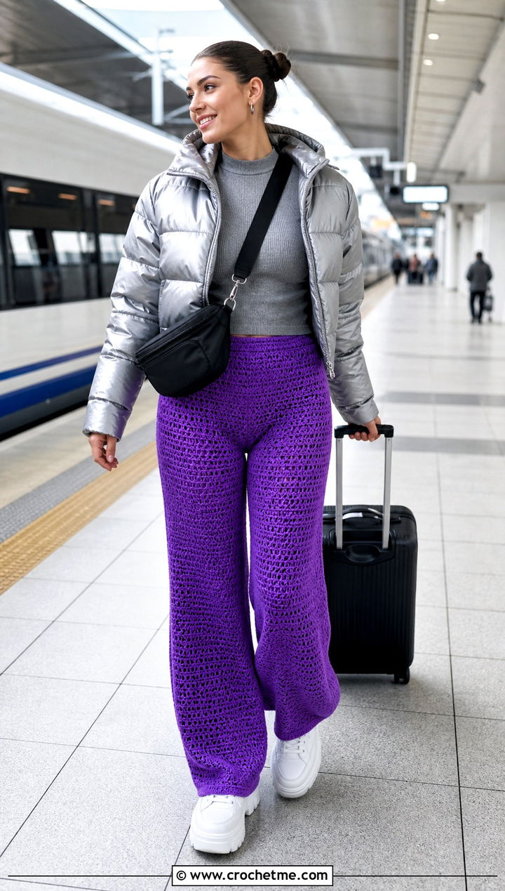 Crochet Wide Leg Pants With Cropped Puffer Jacket - 25 Winter Crochet Clothes and outfit ideas