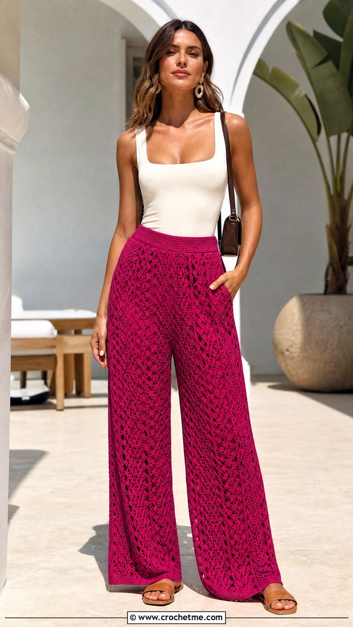 Crochet Wide Leg Pants With Fitted Bodysuit - 35 aesthetic crochet clothes and outfit ideas