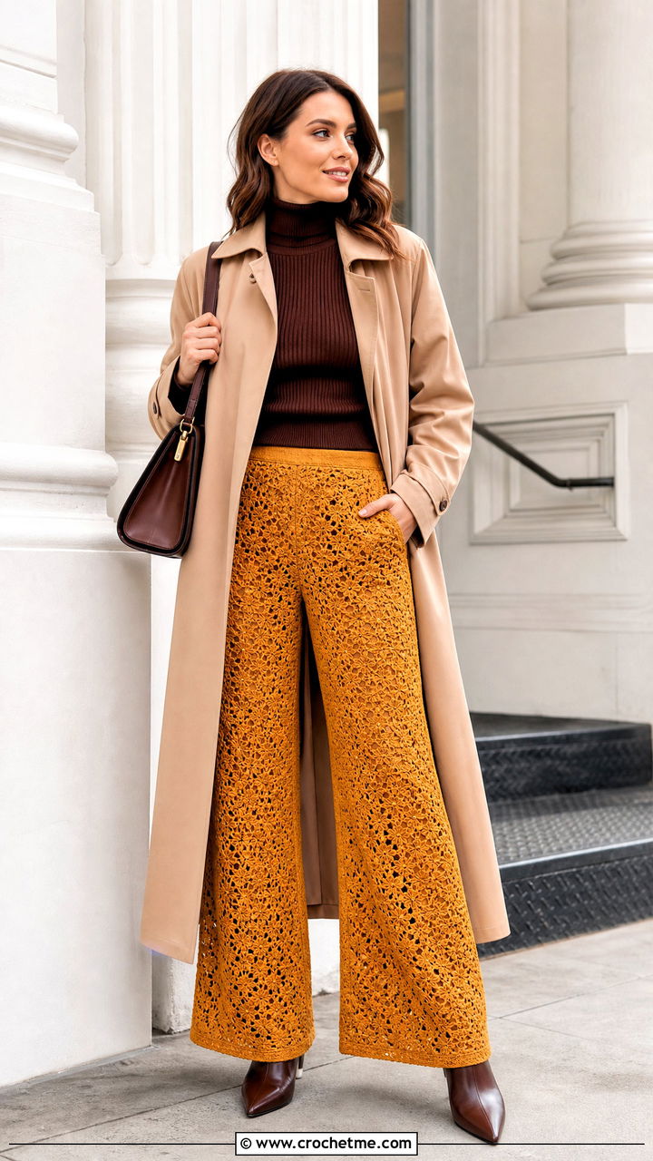 Crochet Wide Leg Pants With Fitted Sweater - 35 crochet fall clothes and outfit ideas