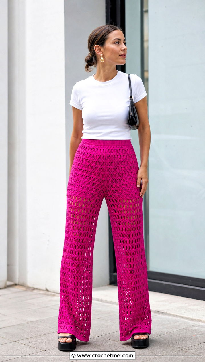 Crochet Wide Leg Pants With Fitted T Shirt - 30 crochet clothing for beginners outfit ideas
